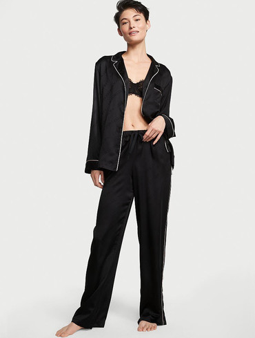 Піжама сатинова Вікторія Сікрет сорочка та штани чорна Victoria's Secret Satin Long Pajama Set