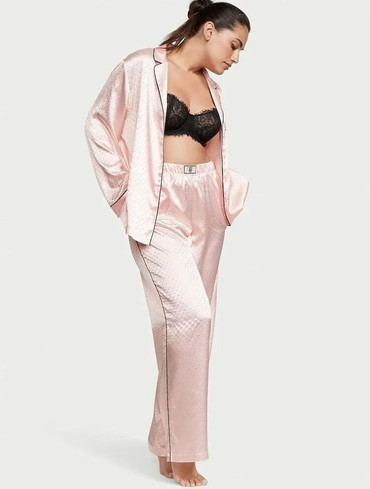 Піжама сатинова Вікторія Сікрет сорочка та штани ніжно-рожева Victoria's Secret Satin Long Pajama Set
