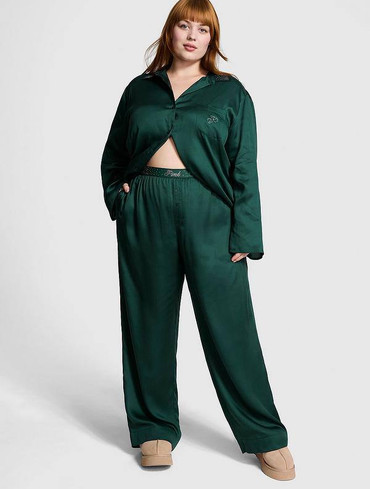 Піжама сатинова Вікторія Сікрет сорочка та штани зелена Victoria's Secret Silky Sleep Shine Long Pajama Set