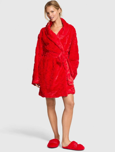 Яскраво-червоний пухнастий халат Вікторія Сікрет Victoria's Secret Bright Vermillion Red Logo Fluffly Dressing Gown