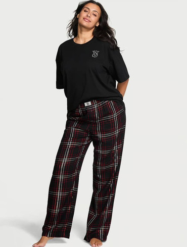 Фланелева піжама зі стразами з футболкою і штанами Victoria’s Secret Flannel Short-Sleeve Long Tee-Jama Set